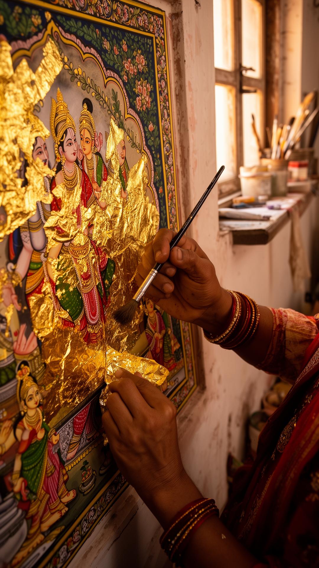Indian artisan applying gold leaf in a Jaipur atelier