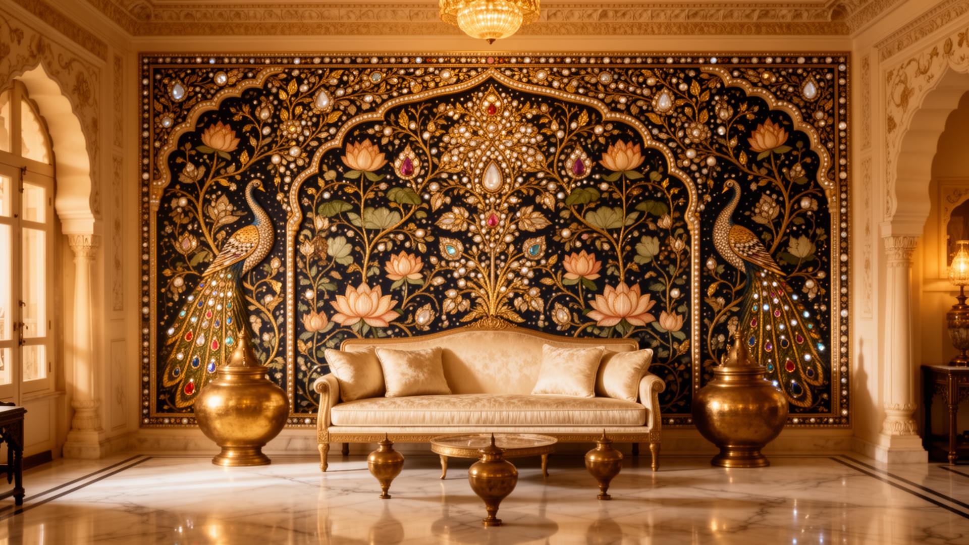 Indian palace interior with handcrafted feature wall