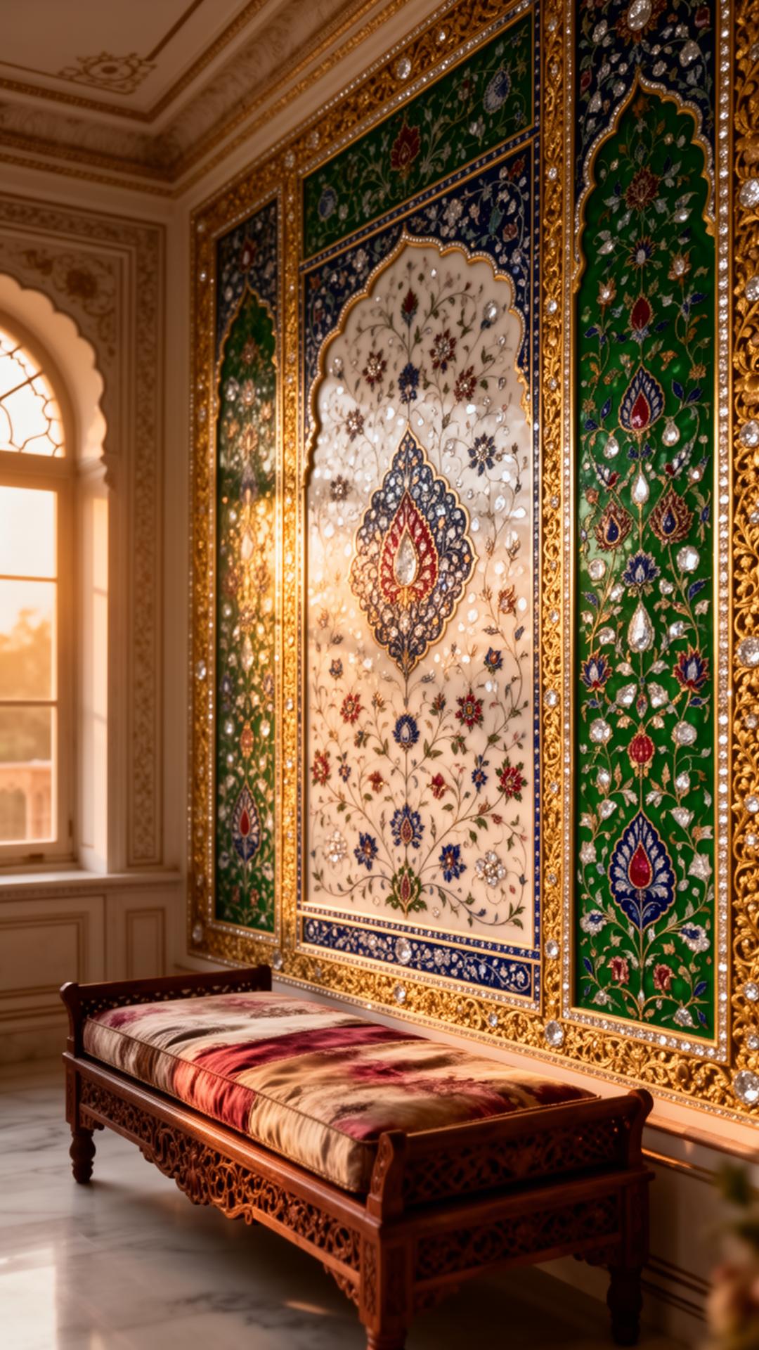 Bespoke fusion wall, Meenakari, Pietra Dura and gold filigree composed into one original