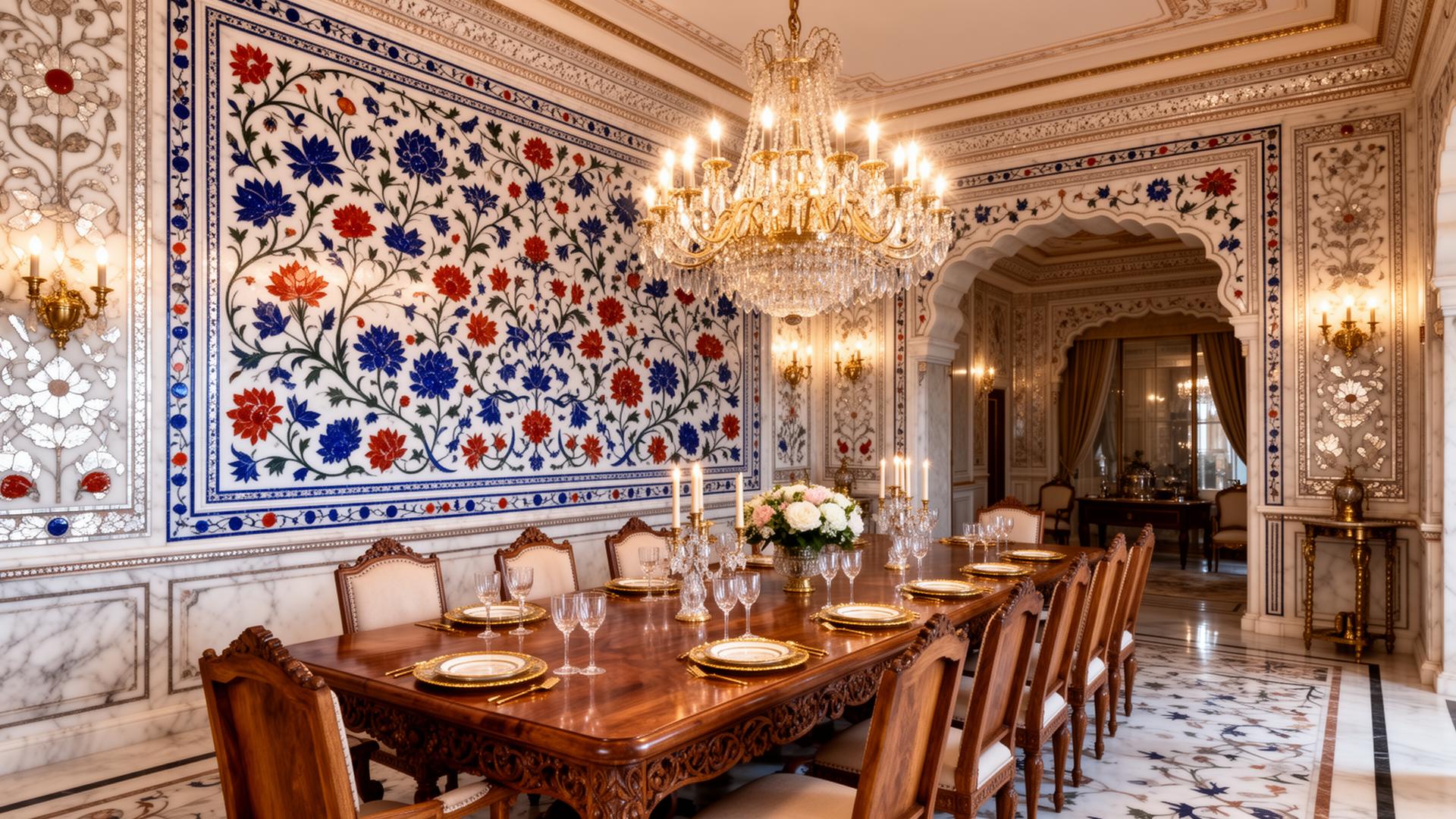 Grand dining room with Pietra Dura marble inlay wall sheet