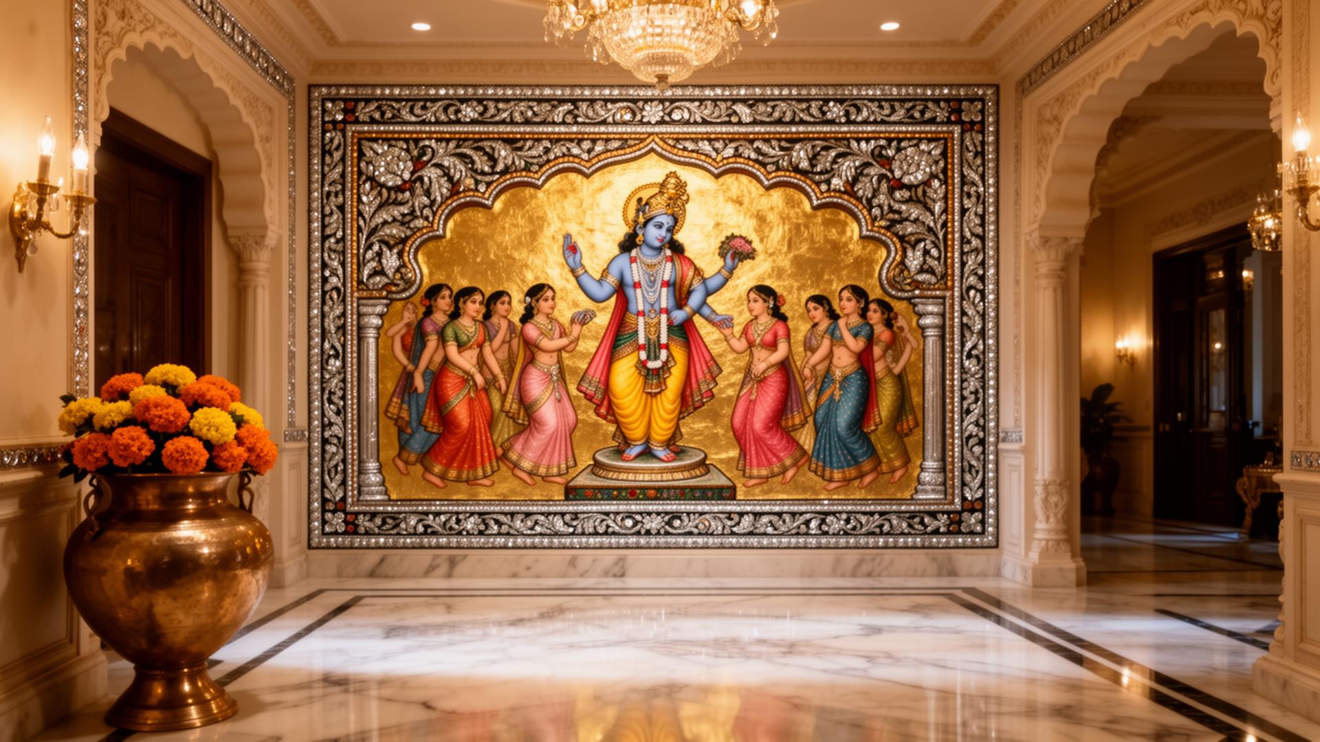 Foyer entrance with Tanjore gold-foil wall sheet