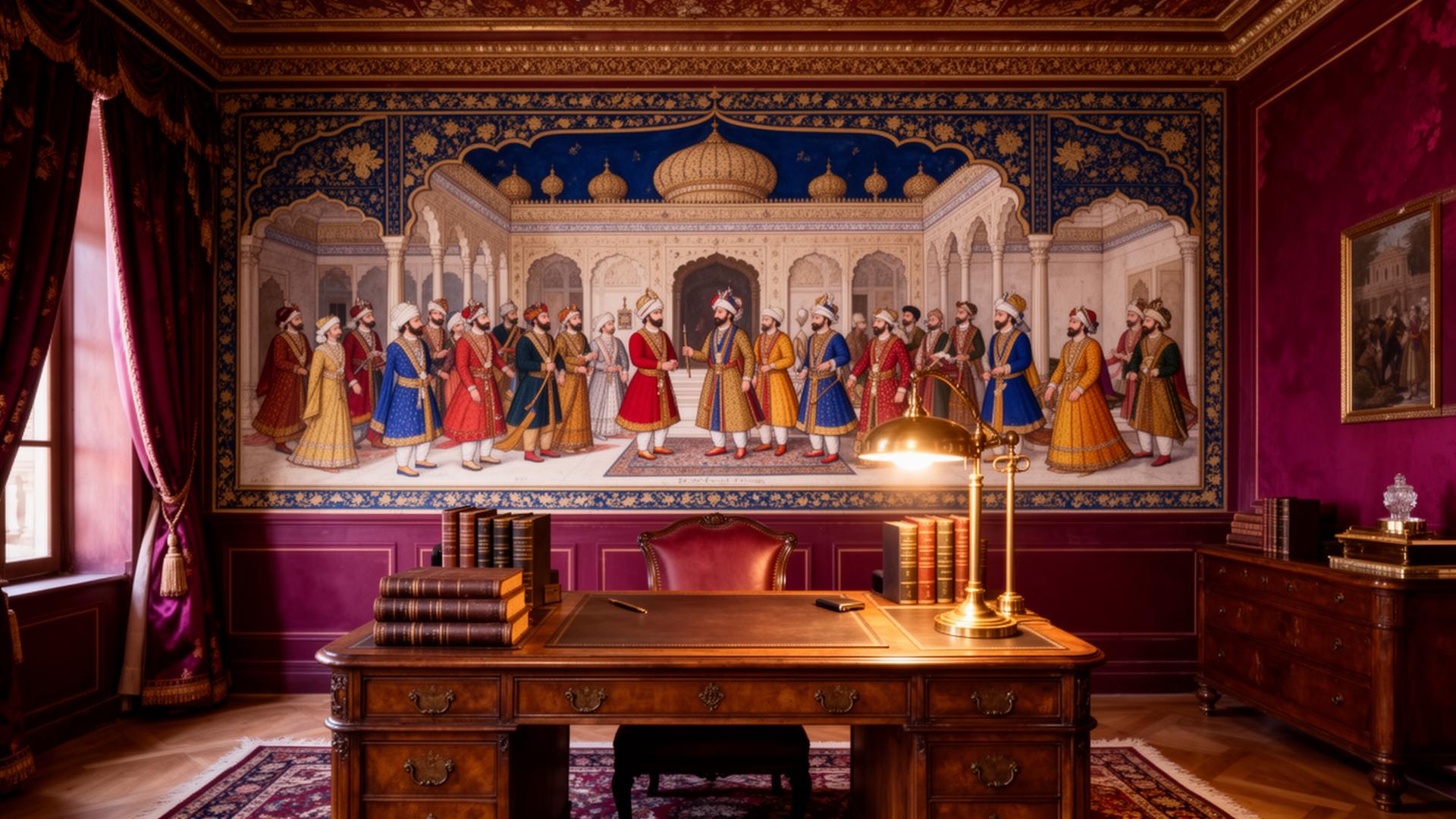 Private study with Mughal miniature court wall sheet