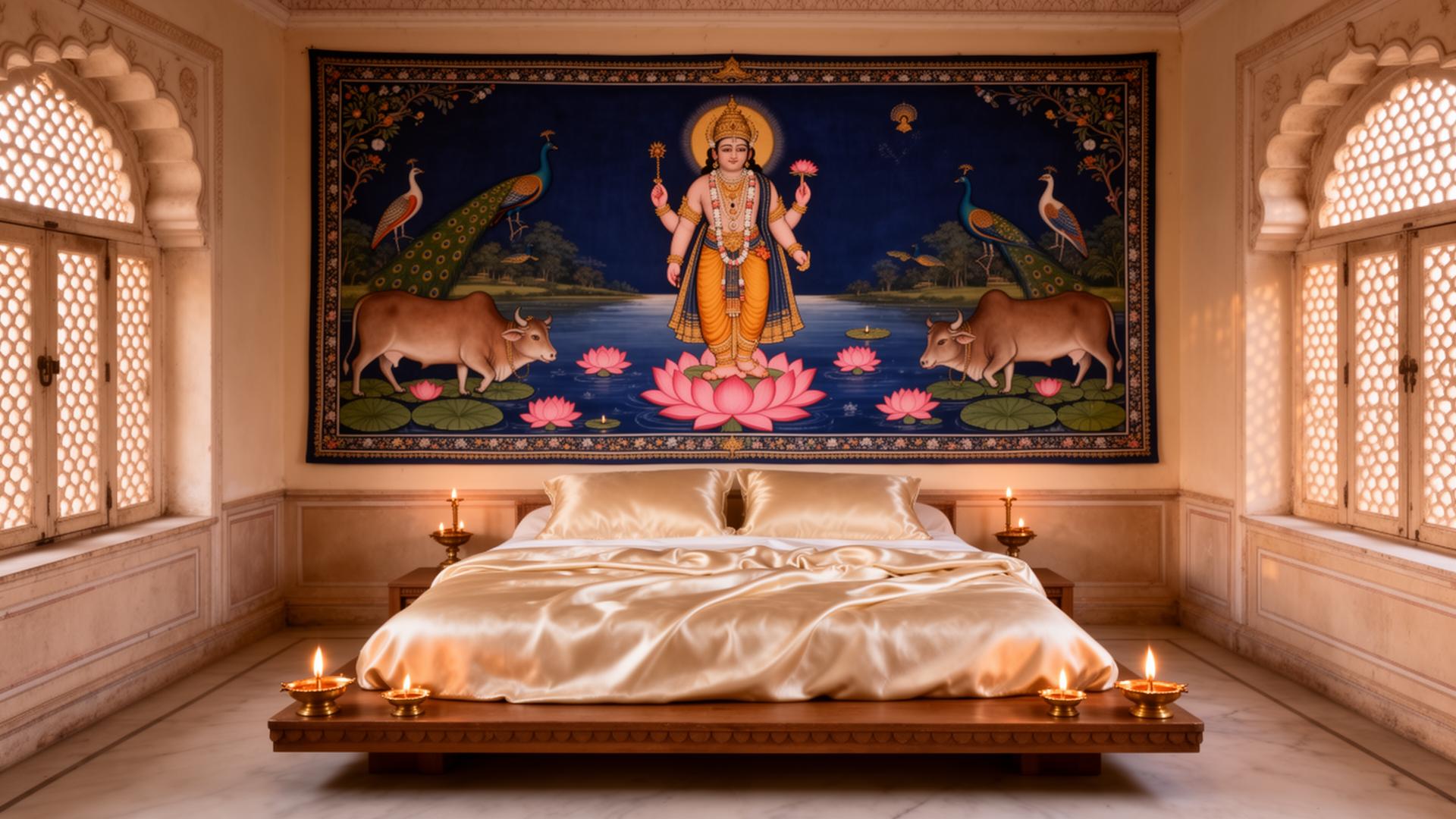Master suite with Pichwai Shrinathji wall sheet on indigo